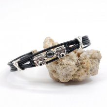 Pulseira de elefante com pedra sobre cordões de couro preto 