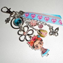 Frida rosa e azul saco/anel de chaves com flores e fitas